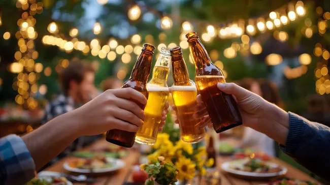 Menschen stoßen mit Bierflaschen bei Gartenparty an