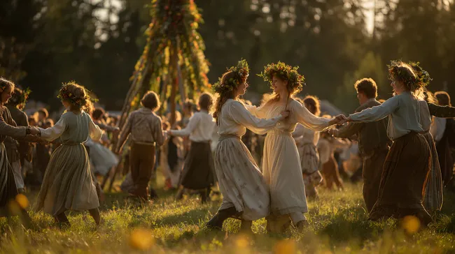 Menschen tanzen bei traditionellem Mittsommerfest auf Blumenwiese