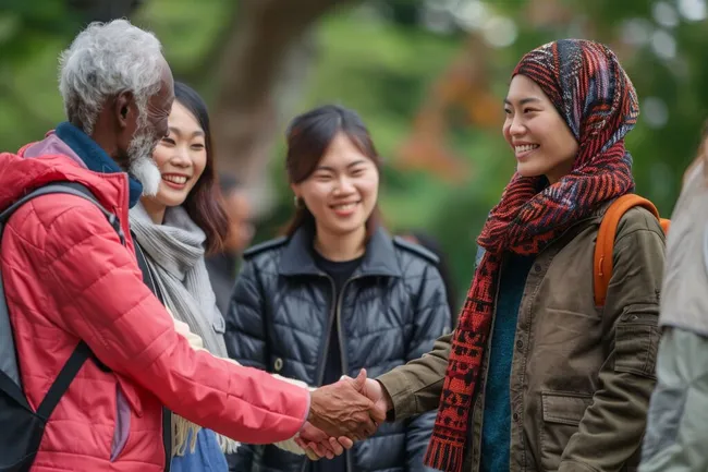 Menschen unterschiedlicher Herkunft in freundlichem Austausch