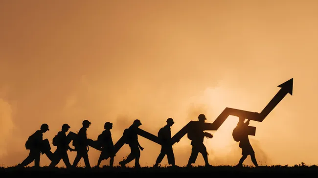 Menschen ziehen gemeinsam Wachstumspfeil bei Sonnenuntergang