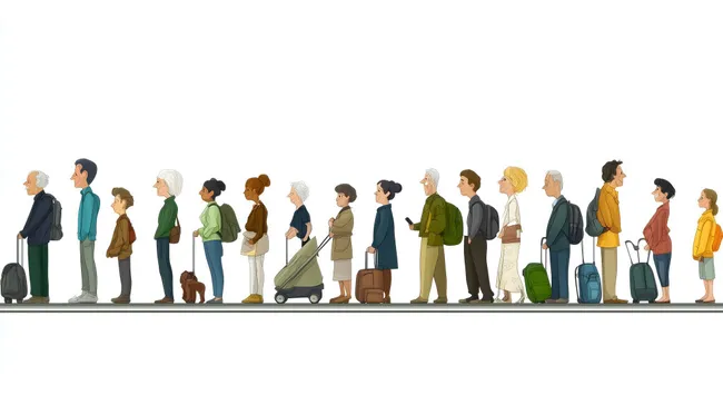 Menschengruppe in bunter Warteschlange am Bahnhof