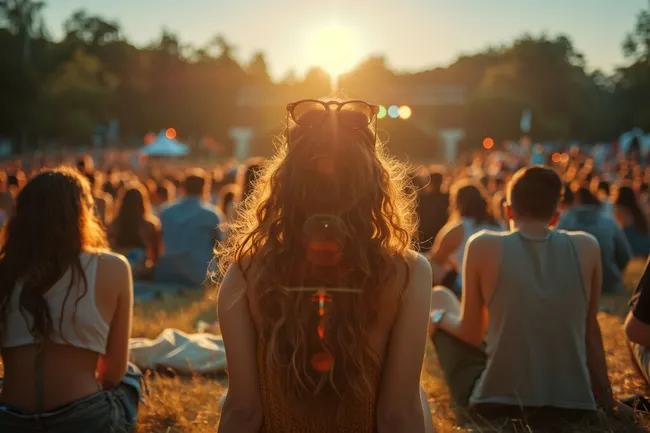Menschenmenge bei Sonnenuntergang auf Musikfestival