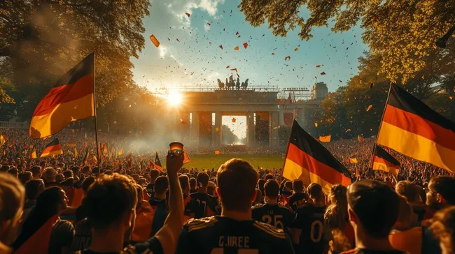Menschenmenge feiert bei Public Viewing vor dem Brandenburger Tor