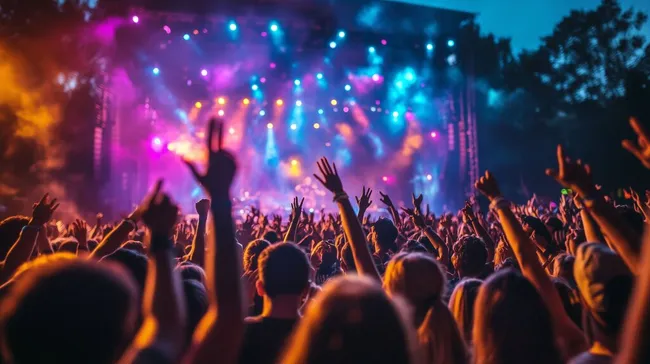 Menschenmenge feiert unter bunten Bühnenlichtern