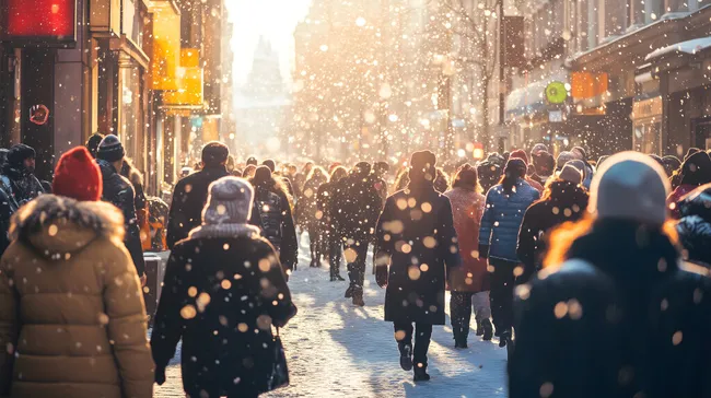 Menschenmenge in verschneiter Einkaufsstraße