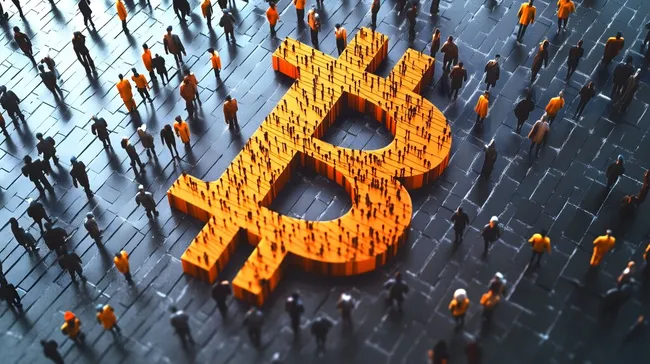 Menschenmenge umkreist gigantisches Bitcoin-Symbol
