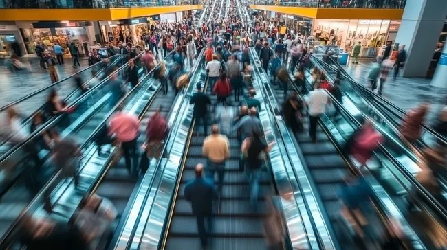 Menschenmengen auf Rolltreppen in Einkaufszentrum