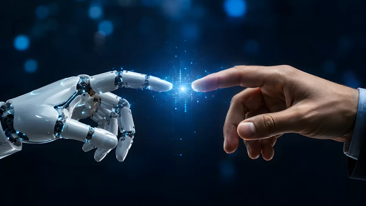 Menschliche Hand berührt Roboterhand mit Funkeln