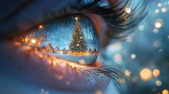 Menschliches Auge mit winterlicher Dorfszene