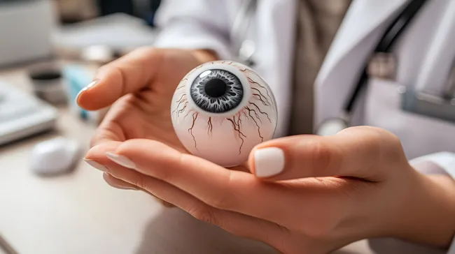 Menschliches Augenmodell in Händen eines Arztes