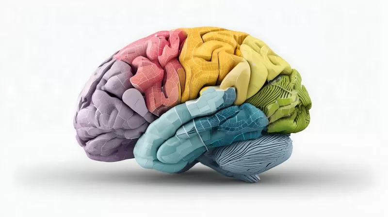 Menschliches Gehirn mit farblich markierten Arealen auf Weiß