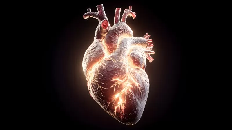 Menschliches Herz mit leuchtenden Nerven auf schwarzem Hintergrund