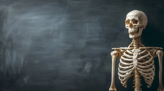 Menschliches Skelett vor leerer Kreidetafel