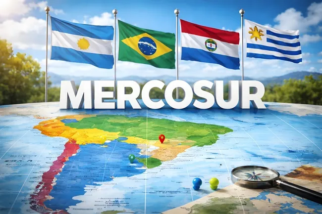Mercosur-Karte Südamerika mit Flaggen und Staatenbund