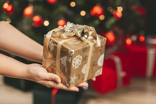 Merry christmas and new year concept with gift in hands