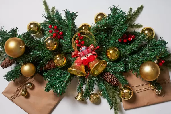 Merry Christmas - New year holidays background with Xmas tree decorations