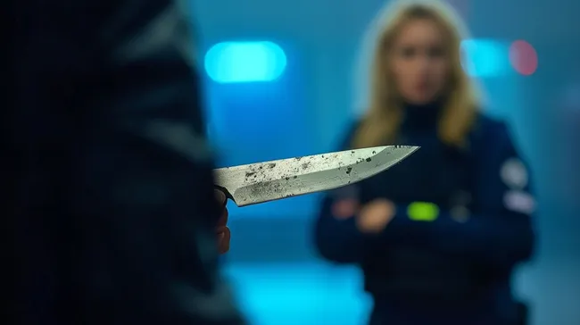 Messer in der Hand, blonde Frau im Hintergrund