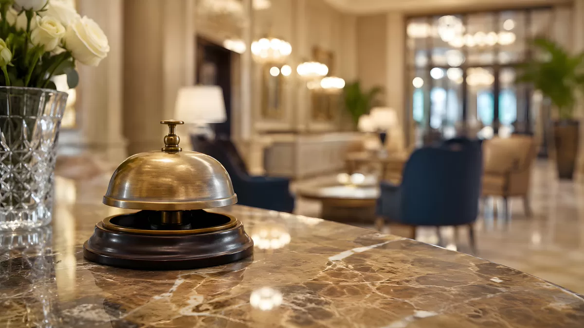Messingklingel an einer Marmorrezeption im Luxushotel