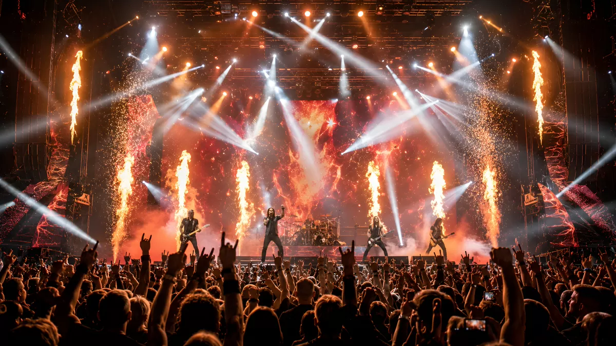 Metalband auf Bühne mit Feuer und Pyrotechnik