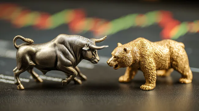 Metallische Bullen- und Bärenfiguren vor Aktienchart-Hintergrund