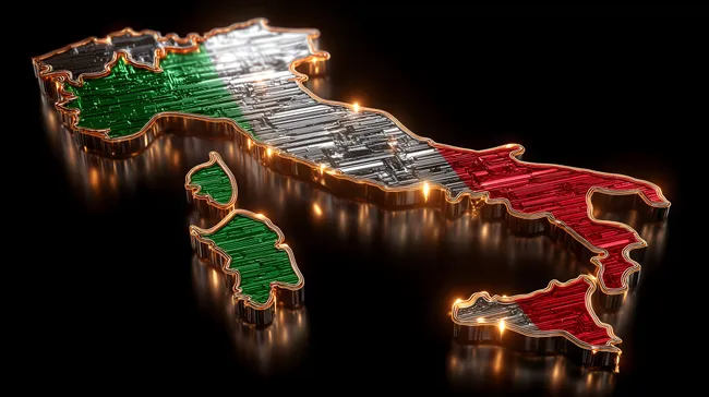 Metallische Landkarte Italiens mit Flagge