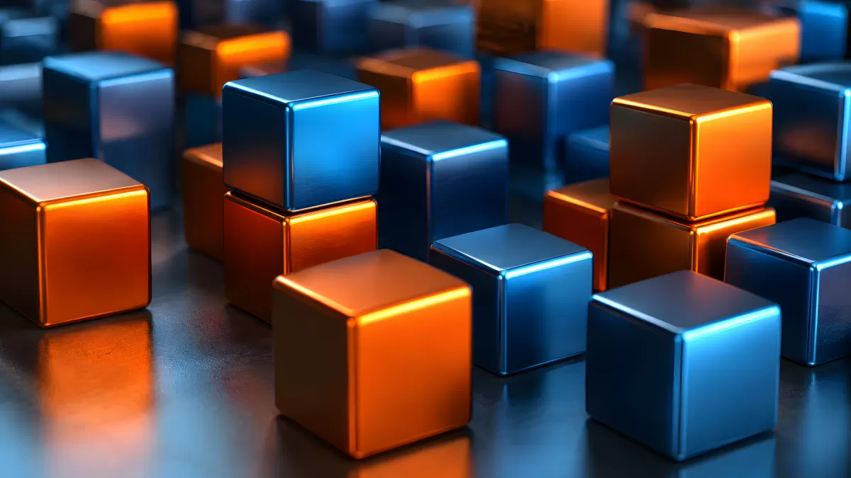 Metallische Würfel in Orange und Blau als 3D-Komposition