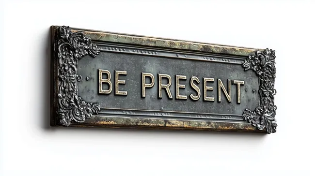 Metallschild mit antiker Verzierung: 'Be Present'