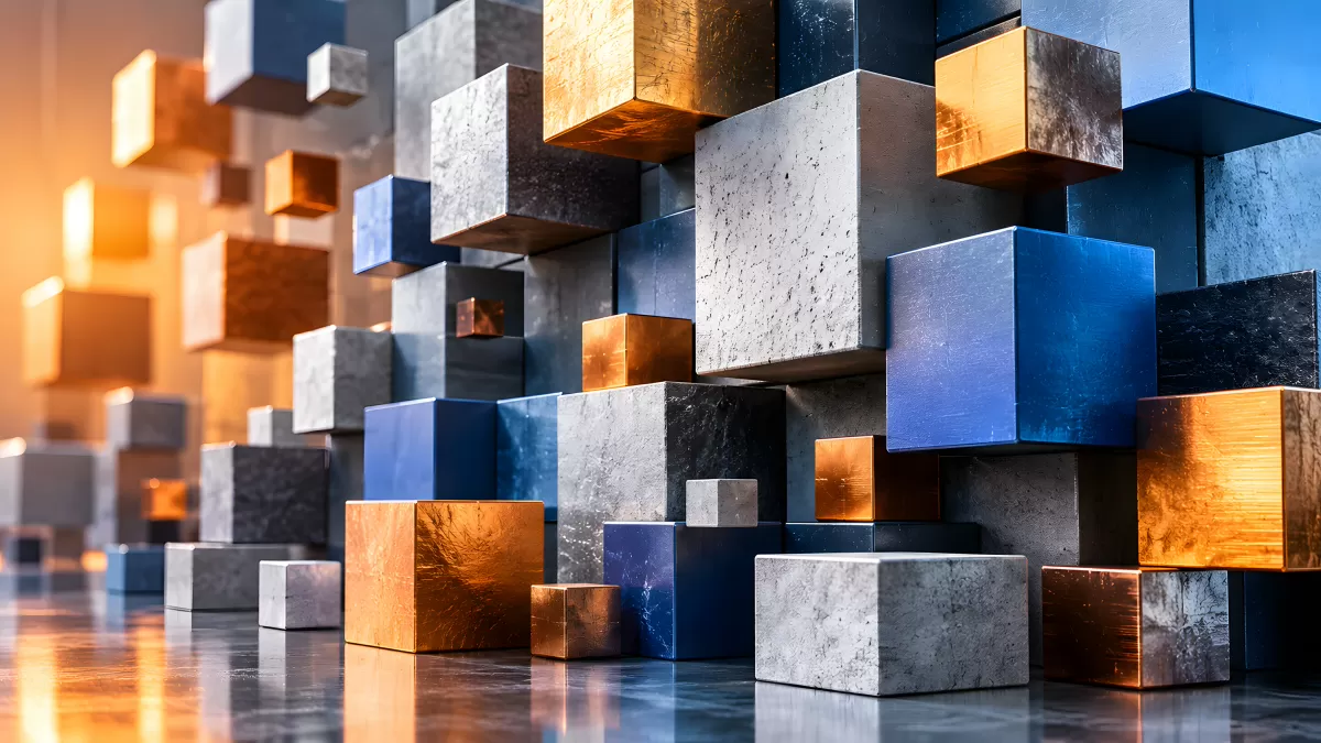 Metallwürfel in Gold, Blau und Silber arrangiert