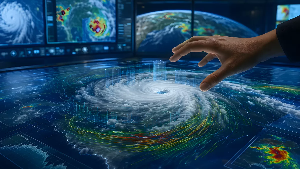 Meteorologe analysiert Hurrikan auf digitalem Hologramm-Tisch