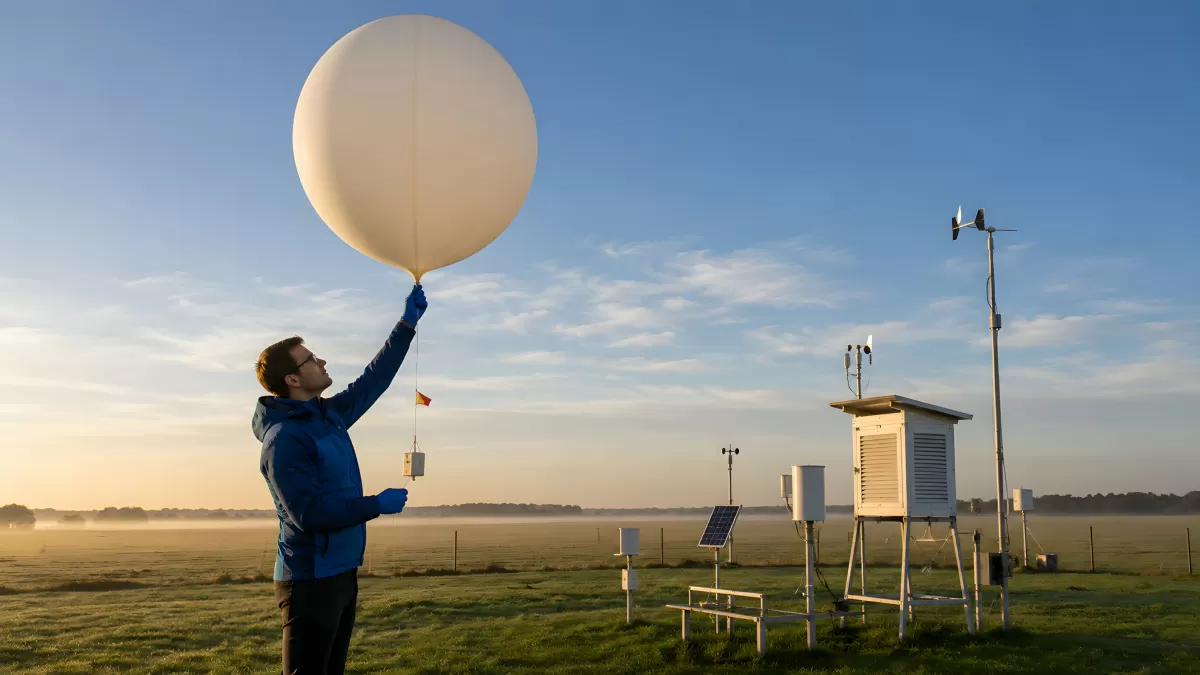 Meteorologe lässt Wetterballon bei Sonnenaufgang steigen