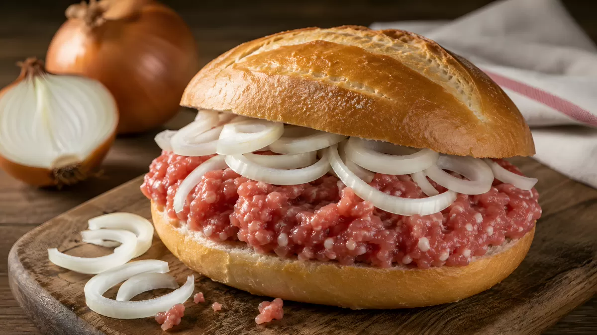 Mett-Brötchen mit rohen Zwiebelringen auf Holzbrett
