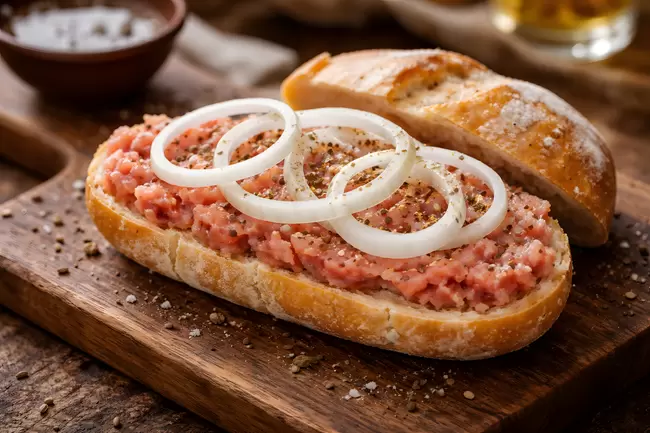 Mettbrötchen mit Zwiebeln