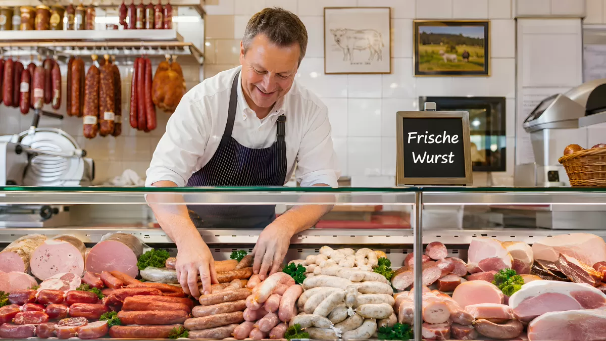 Metzger arrangiert frische Wurst an der Fleischtheke
