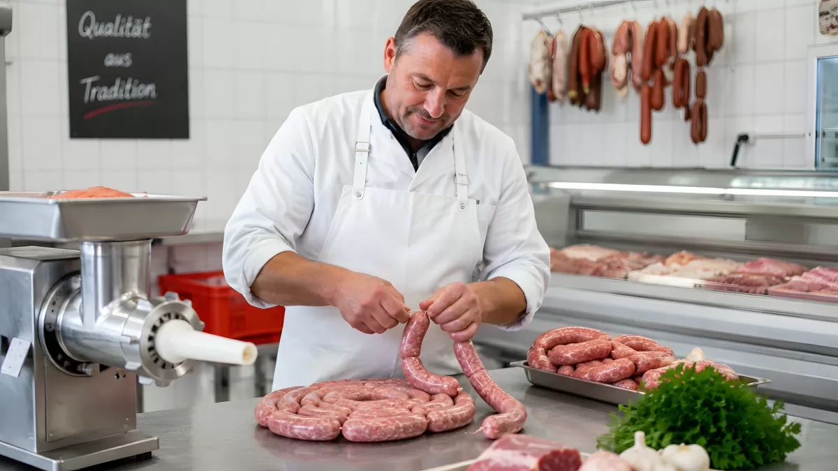 Metzger stellt frische Bratwurst in der Fleischerei her