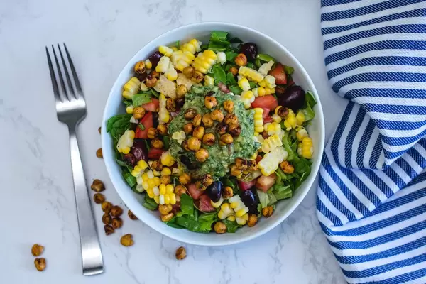 Mexican Salad with Chickpea, Corn and Tomato in a White Bowl  (Flip 2019)