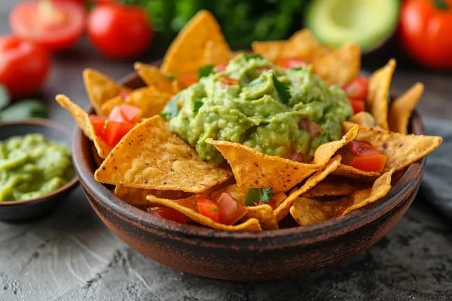 Mexikanische Nachos mit Guacamole und Tomaten