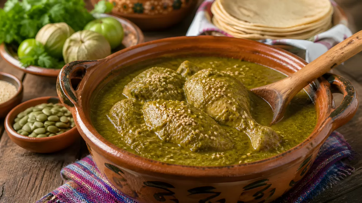 Mexikanisches Mole Verde mit Hähnchen im Tontopf