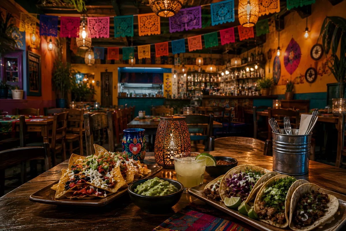 Mexikanisches Restaurant mit Tacos und Nachos am Tisch
