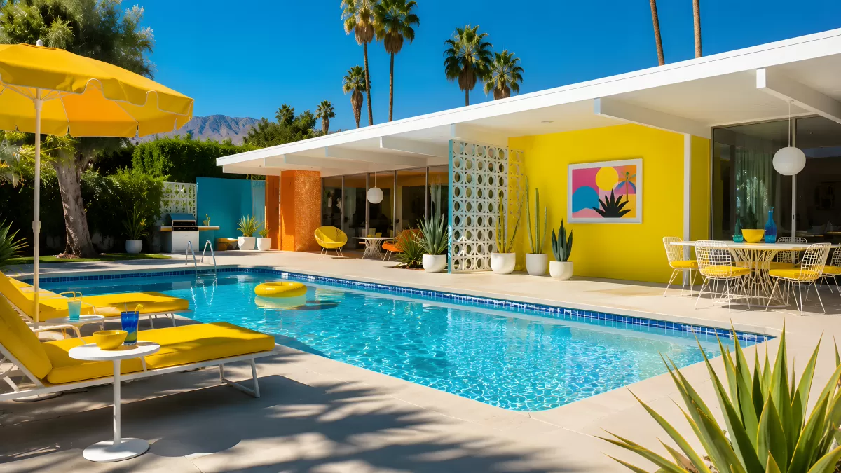 Midcentury-Haus mit Pool und gelben Loungemöbeln