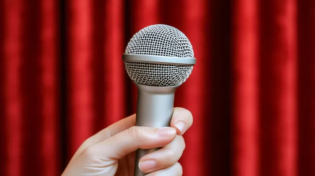Mikrofon in Hand vor rotem Vorhang
