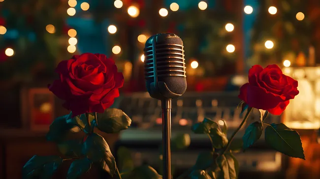 Mikrofonaufnahme mit Rosen und Lichterketten