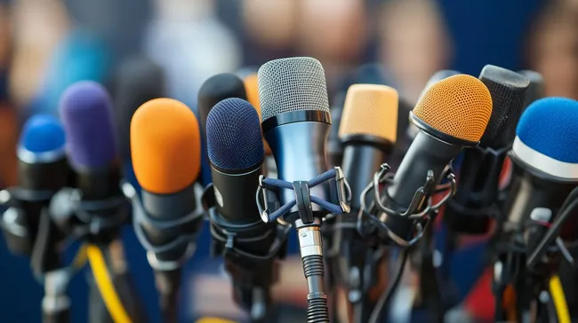 Mikrofone bei Pressekonferenz für Medienschaffende