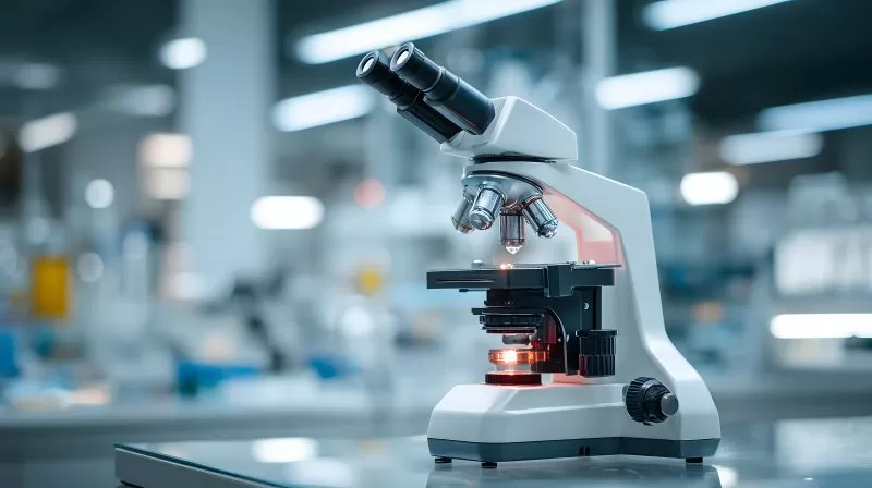 Mikroskop auf Labortisch mit Laborumgebung im Hintergrund