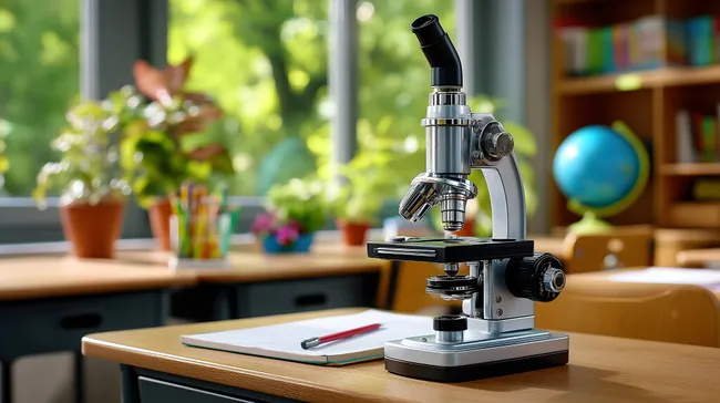 Mikroskop auf Schreibtisch im Klassenzimmer