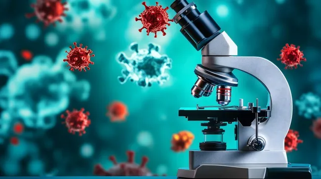 Mikroskop untersucht Coronavirus-Partikel auf blauem Hintergrund