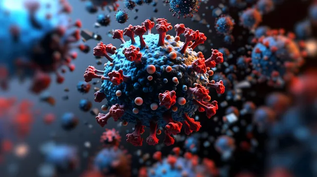 Mikroskopische Darstellung eines SARS-CoV-2-Virus