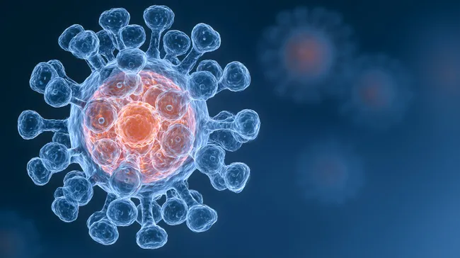 Mikroskopische Struktur des Coronavirus auf blauem Hintergrund