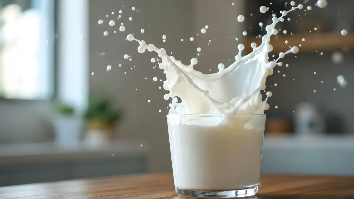 Milch spritzt dramatisch aus einem Glas auf Holztisch
