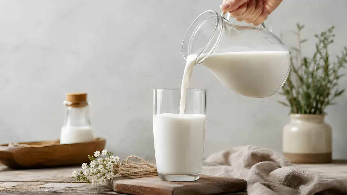 Milch wird aus Krug in Glas gegossen – Nahaufnahme