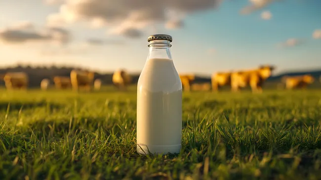 Milchflasche in grüner Wiesenlandschaft mit Kühen